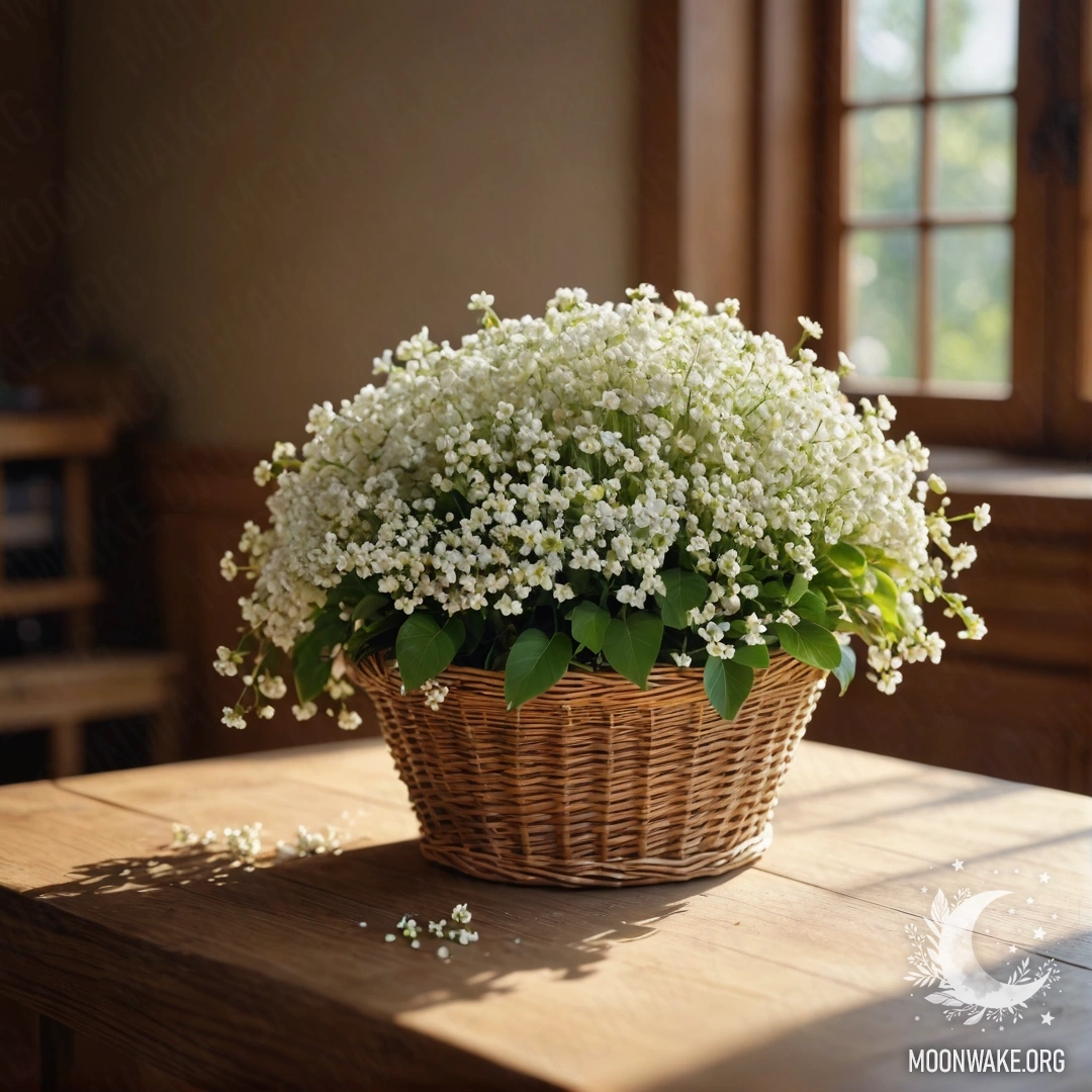 A basket filled with small white flowers on a wooden table illuminated by sunlight.