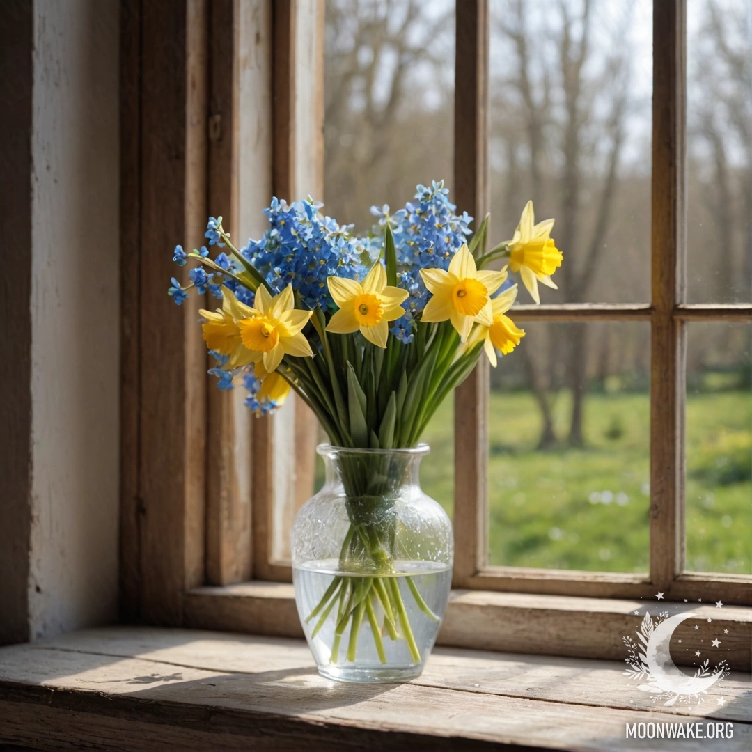A basket filled with small white flowers on a wooden table, illuminated by sunlight.