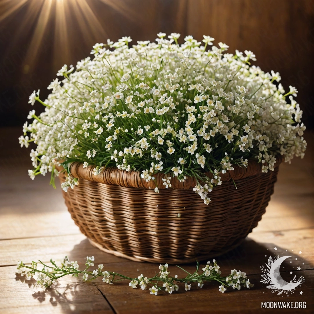 Basket of White Flowers Bathed in Sunlight A basket filled with small white flowers placed on a wooden table, illuminated by the sunlight.