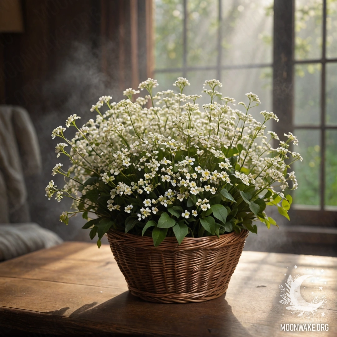 A basket filled with small white flowers is placed on a wooden table, softly illuminated by the sun's rays, surrounded by fog.