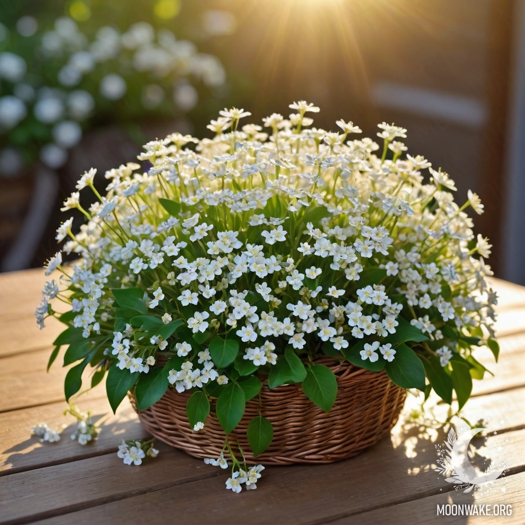 A basket filled with small white flowers on a wooden table, lit by sunset rays.