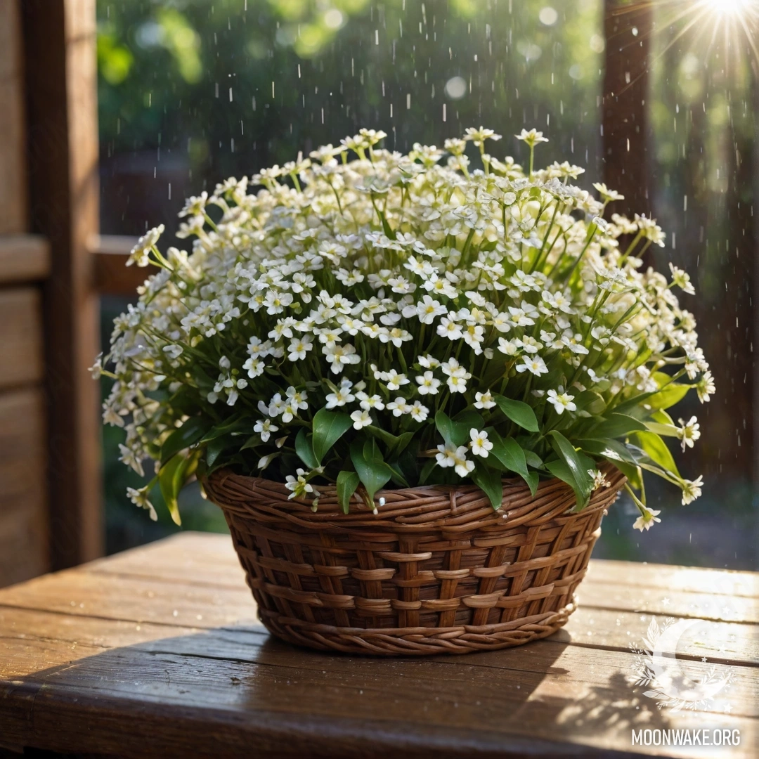 A basket filled with small white flowers is placed on a wooden table under raindrops, illuminated by sunlight.