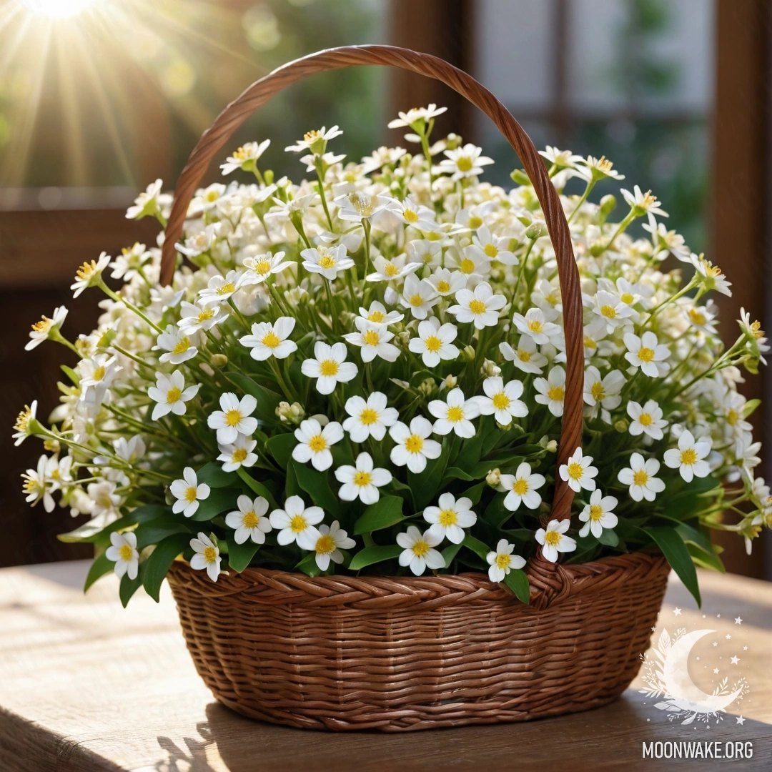 Basket of White Flowers on a Wooden Table A basket filled with small white flowers on a wooden table, softly lit by sunlight.