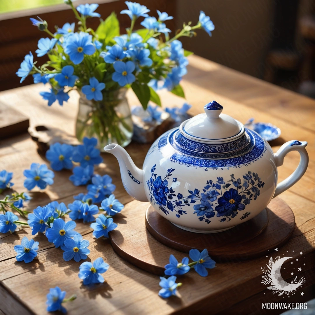 A basket filled with small white flowers resting on a wooden table, illuminated by warm sun rays.