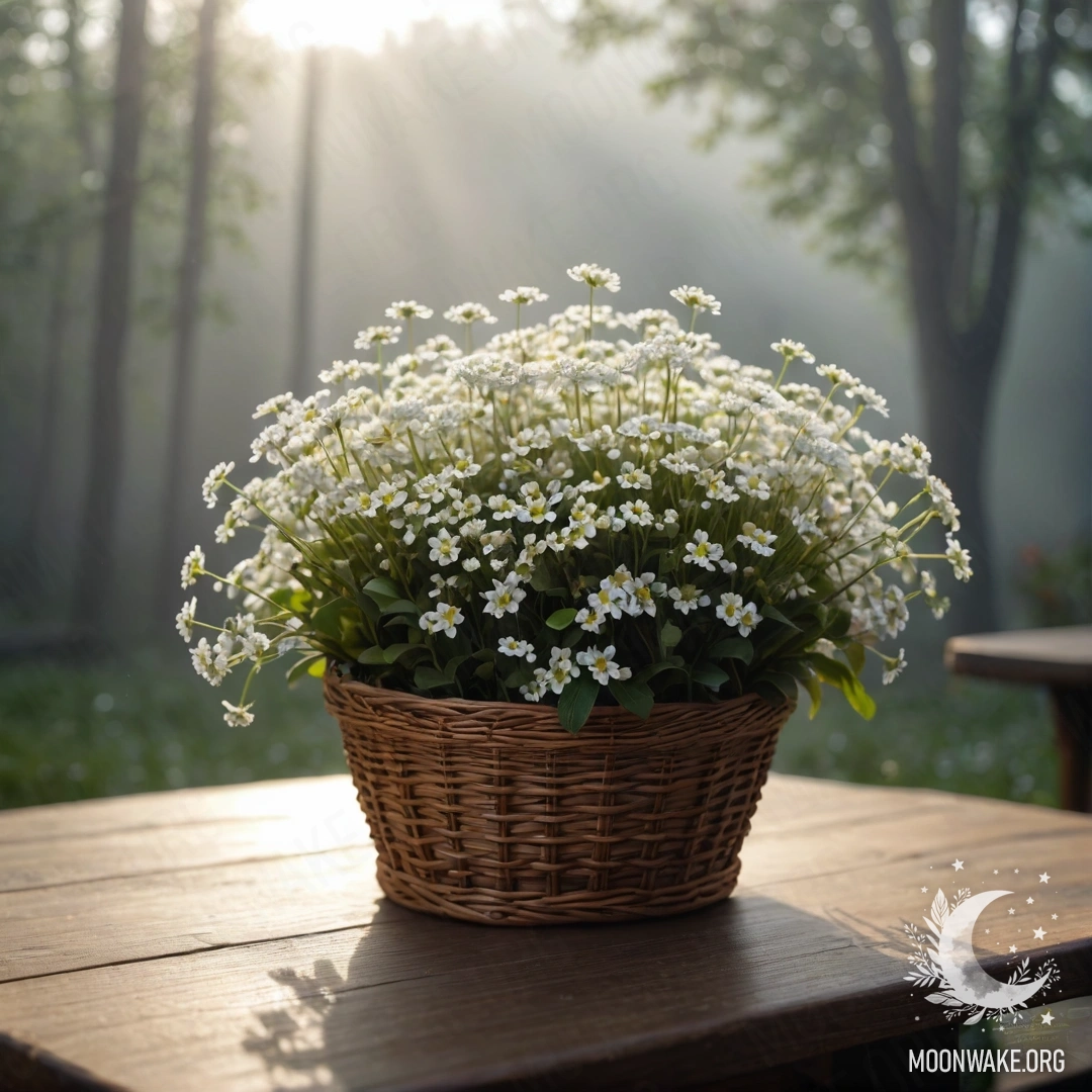 A small basket filled with delicate white flowers on a wooden table, surrounded by thick fog.