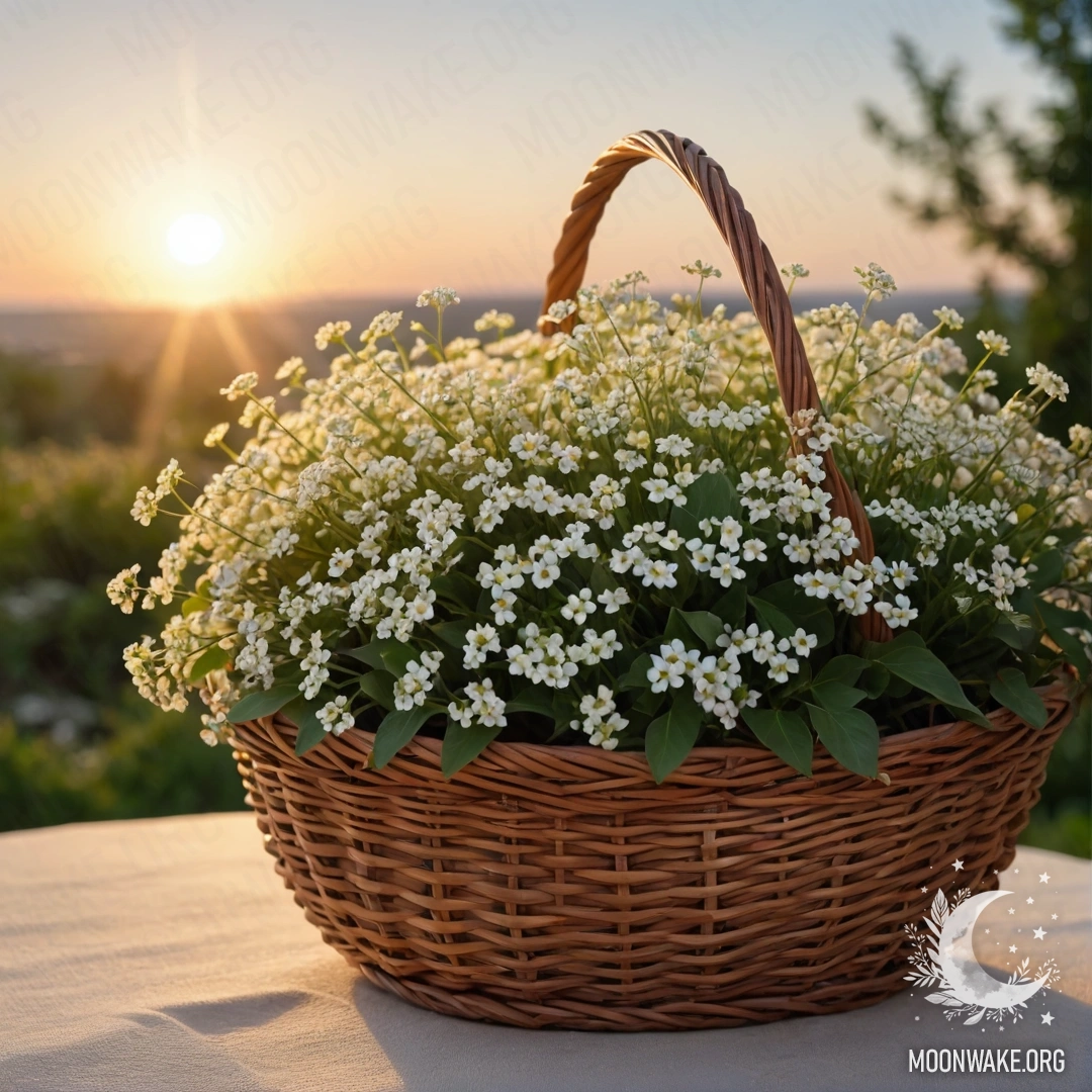 A basket filled with small white flowers, illuminated by sunset light.
