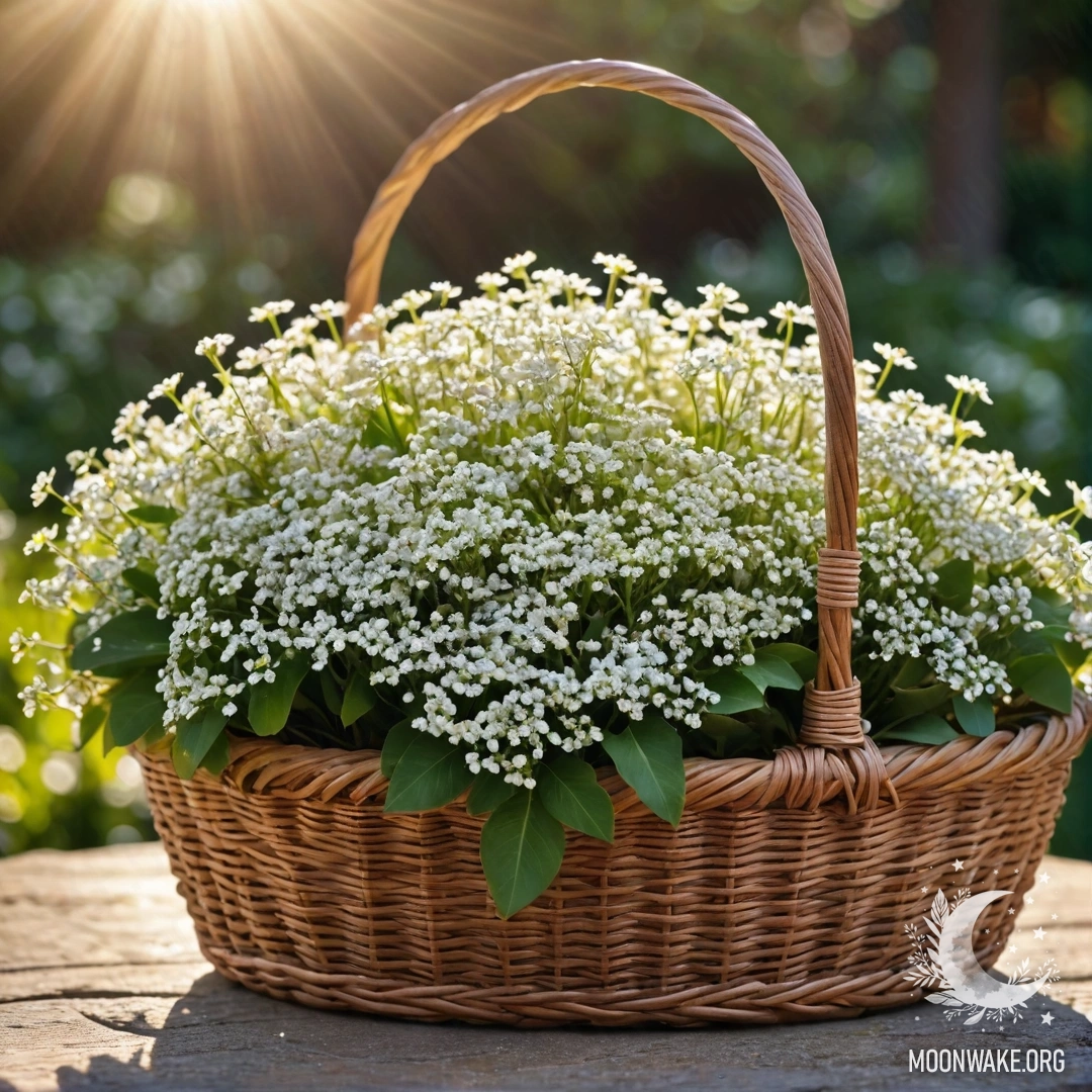 A basket filled with small white flowers, illuminated by sunlight.