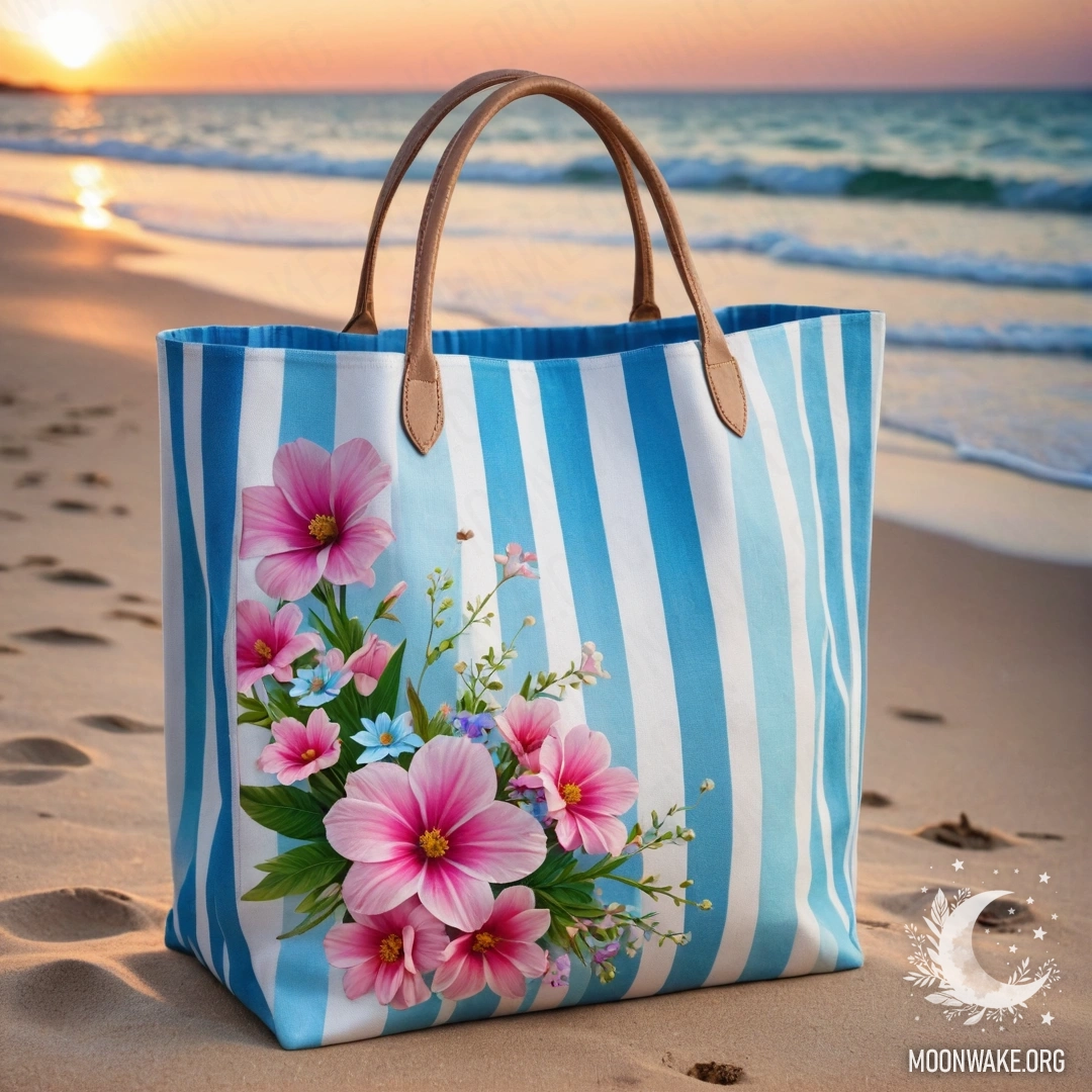 A white and blue striped bag filled with pink flowers on a sunny beach with blue sea and sky at sunset.