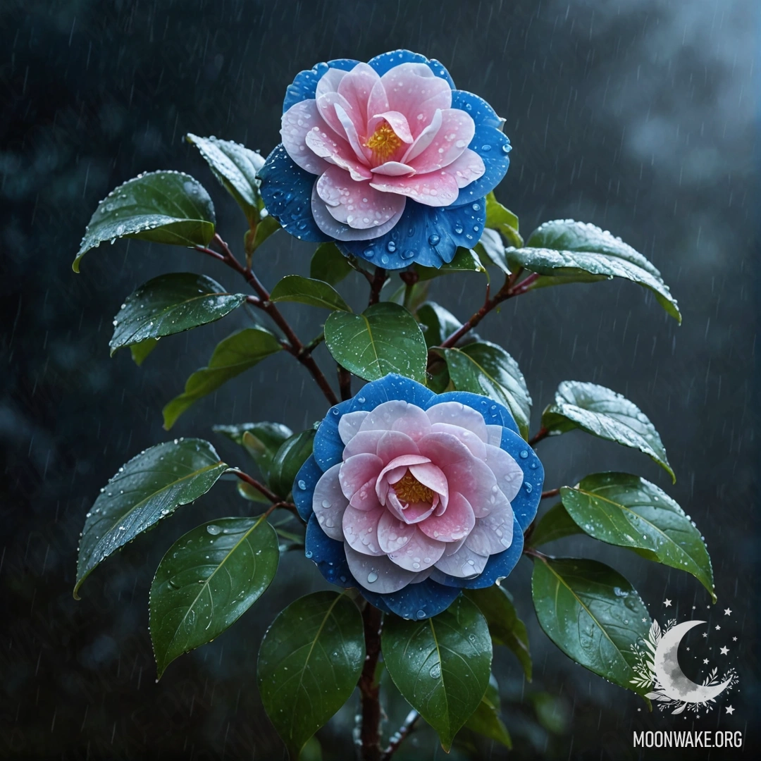 Beautiful Blue Camellia in Rainy Night A blue camellia bouquet enveloped in mist and rain at night.