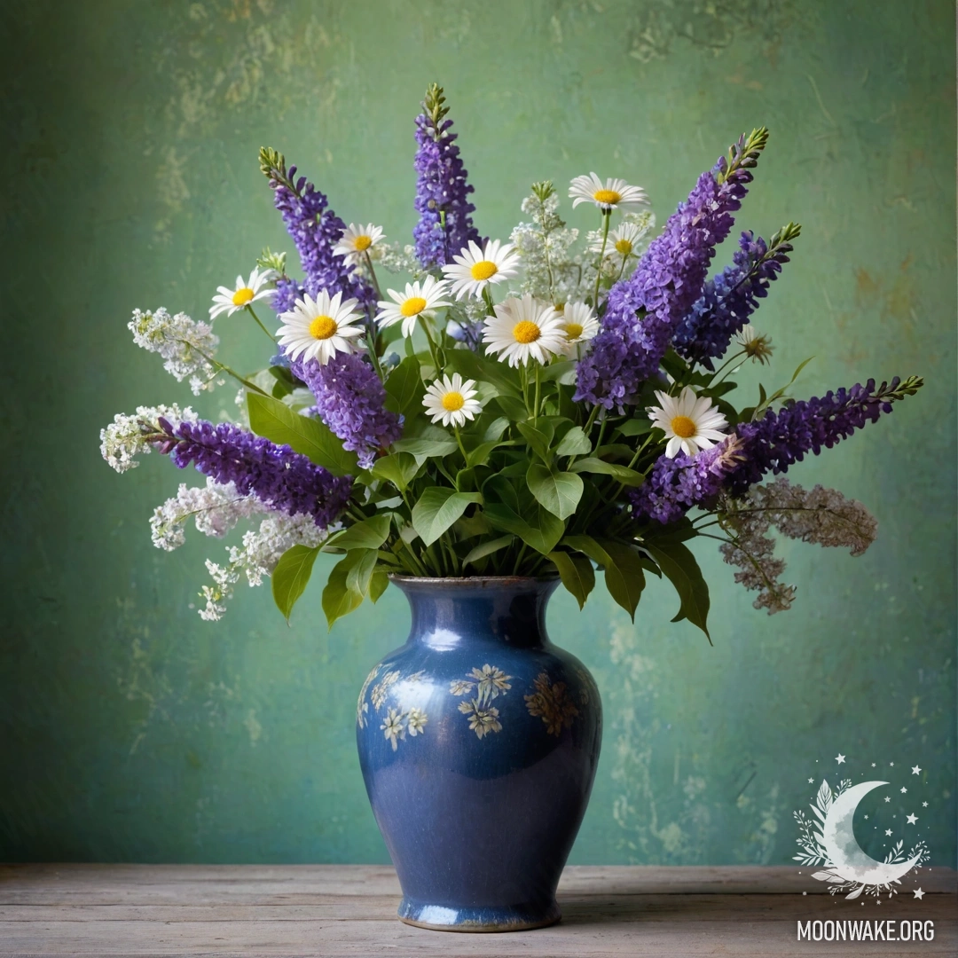 Beautiful Blue Vase with Daisies and Lilacs A shabby blue metal vase filled with daisies and lilacs against a greenish wall illuminated by garland lights.