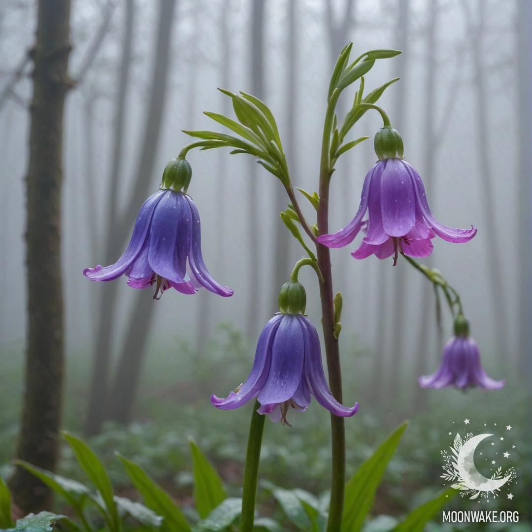 A delicate bluebell flower surrounded by a foggy background in shades of fuchsia.