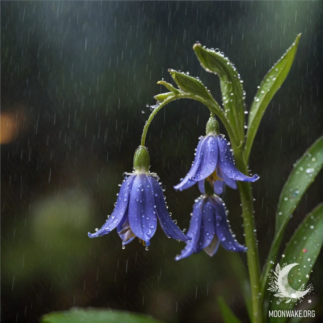 A beautiful bluebell flower glistening with rain under the night sky.
