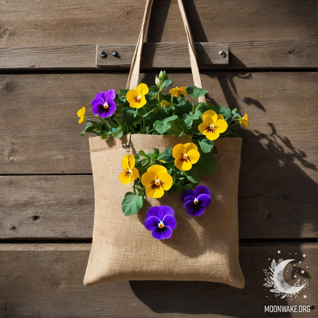 A burlap bag filled with pansies hanging on a shabby wooden wall.