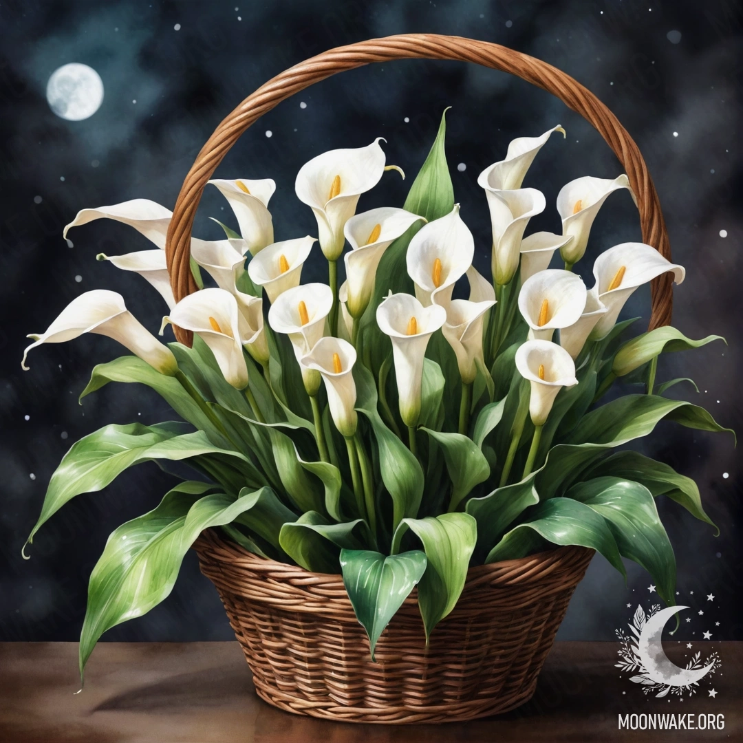 A decorative basket filled with calla lilies in olive color against a night backdrop.