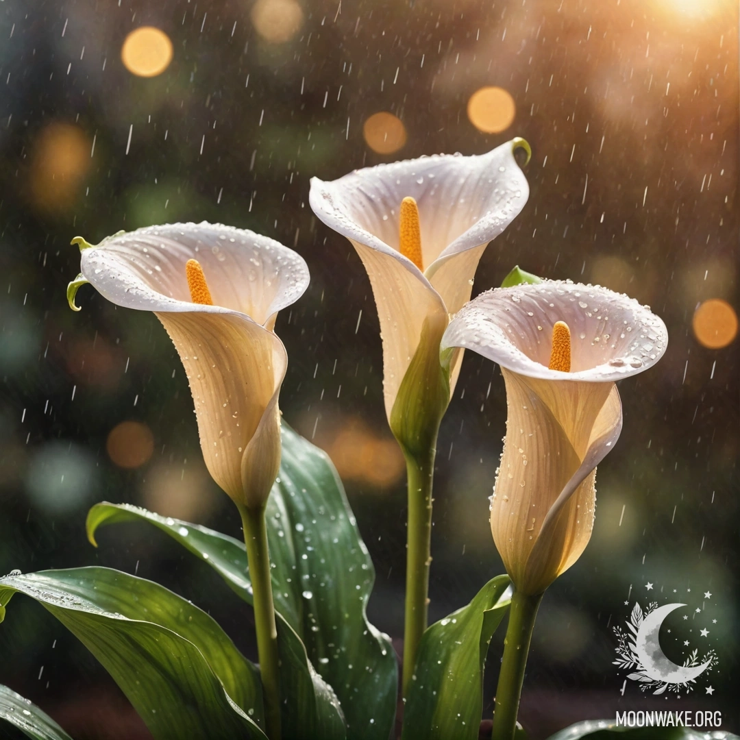 Beautiful Calla Lilies in the Rain at Sunset A watercolor painting of calla lilies under the rain at sunset, featuring a coffee color and glitter.