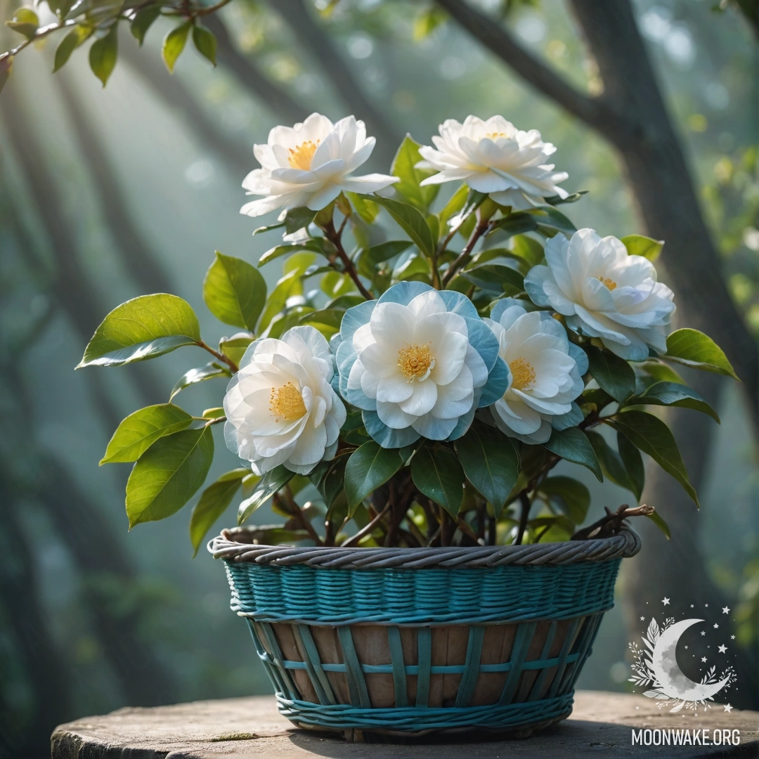A beautiful camellia flower in a misty atmosphere, basking in sunny rays, placed in a greenish-blue basket.