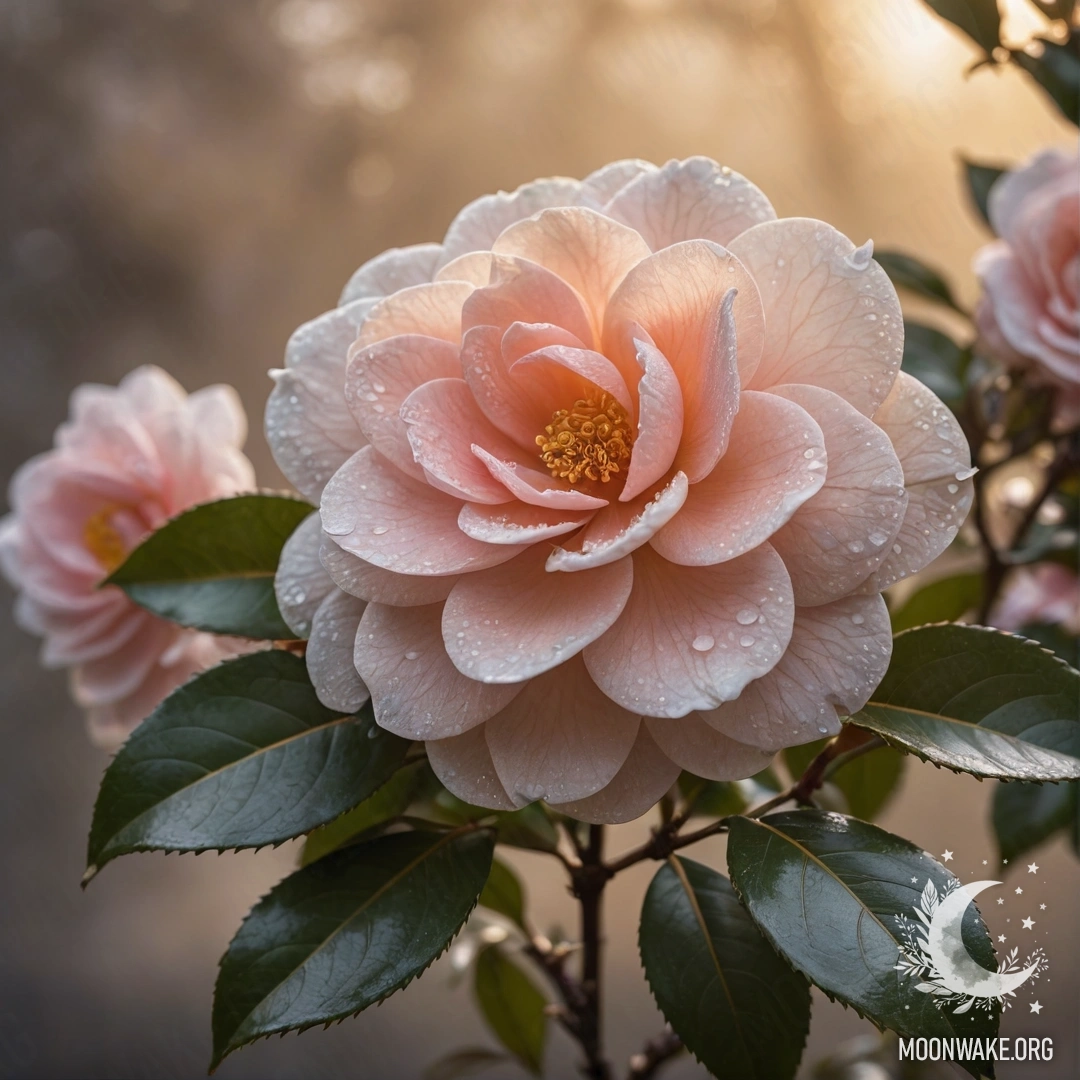 Beautiful Camellia in Sunset Fog A beautiful camellia flower surrounded by fog during sunset, with coffee-colored sequins.