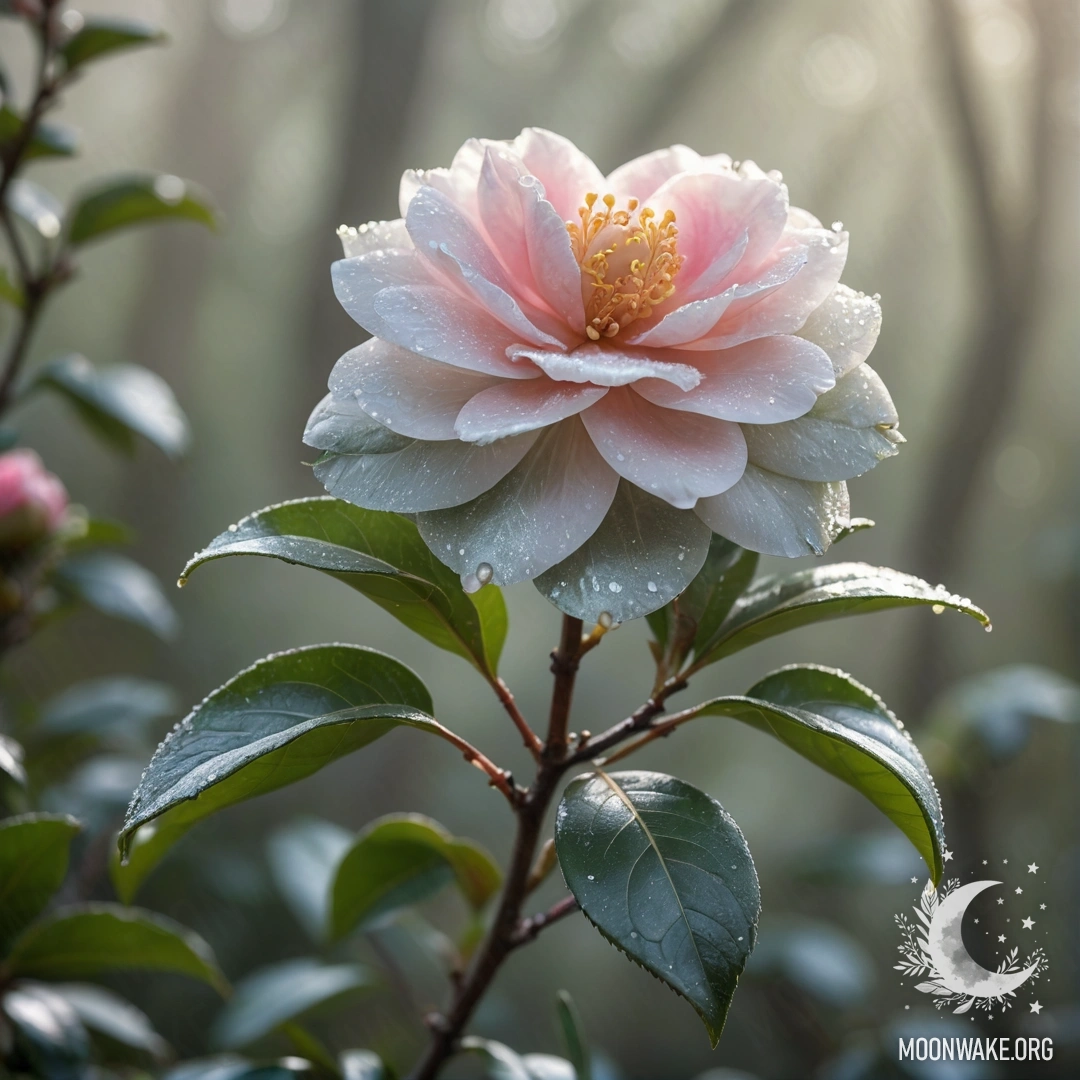 A beautiful camellia flower surrounded by fog and sunlight.