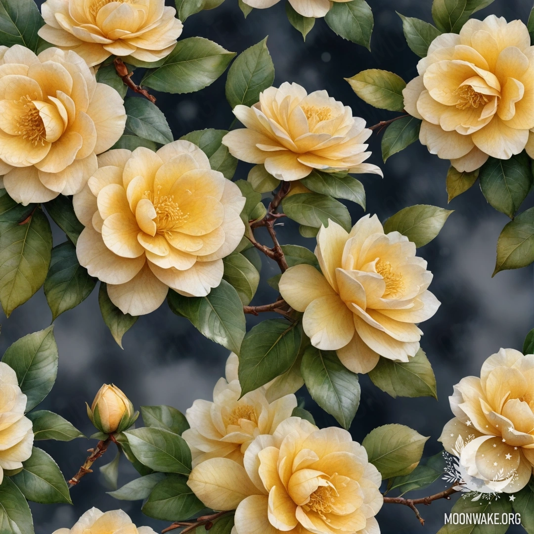 Beautiful Camellia in the Misty Night A beautiful yellow camellia flower emerging from the fog at night.