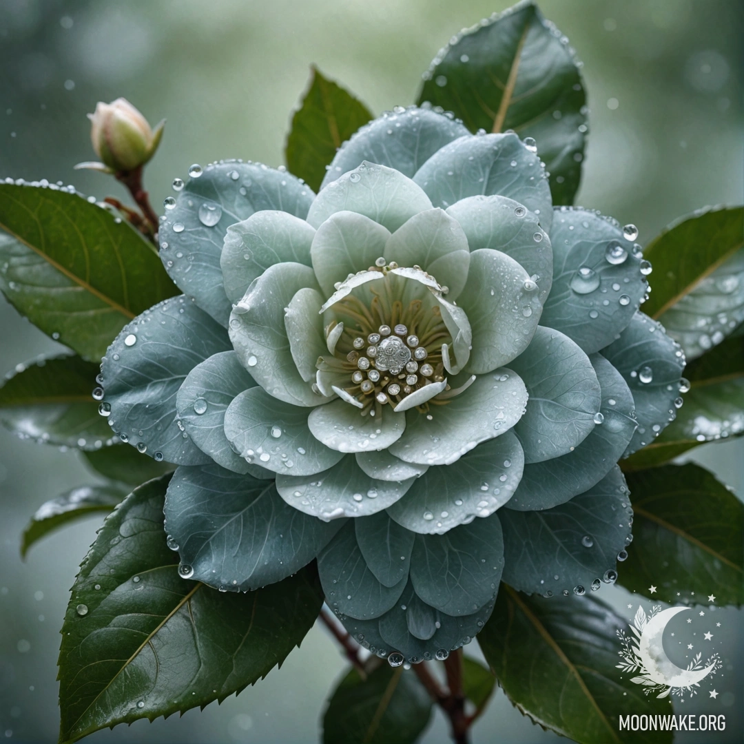 A beautiful camellia flower shrouded in mist with sparkling rhinestones.
