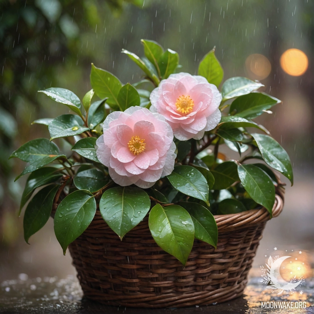 A beautiful camellia flower resting in a lime-colored basket, drenched in rain during sunset.