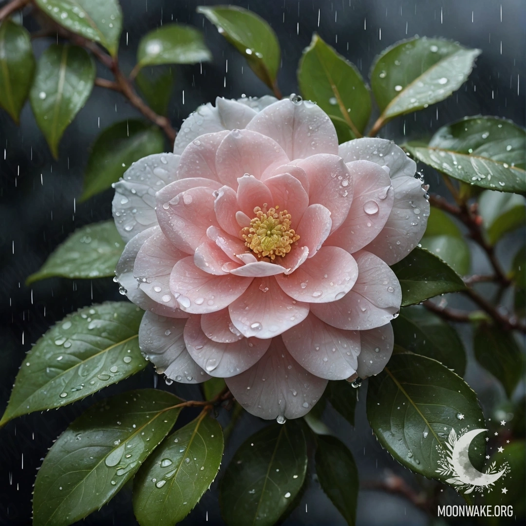 Elegant Camellia Under Rain A beautiful camellia flower with rhinestones shimmering under the rain at night.