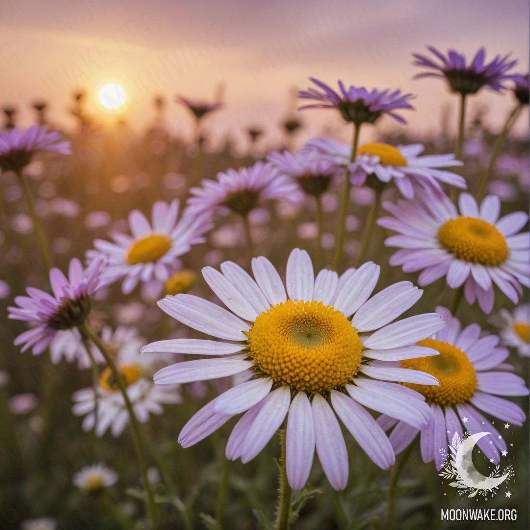 Beautiful Chamomile Bouquet at Sunset A bouquet of beautiful purple chamomiles at sunset, reminiscent of a vintage postcard.