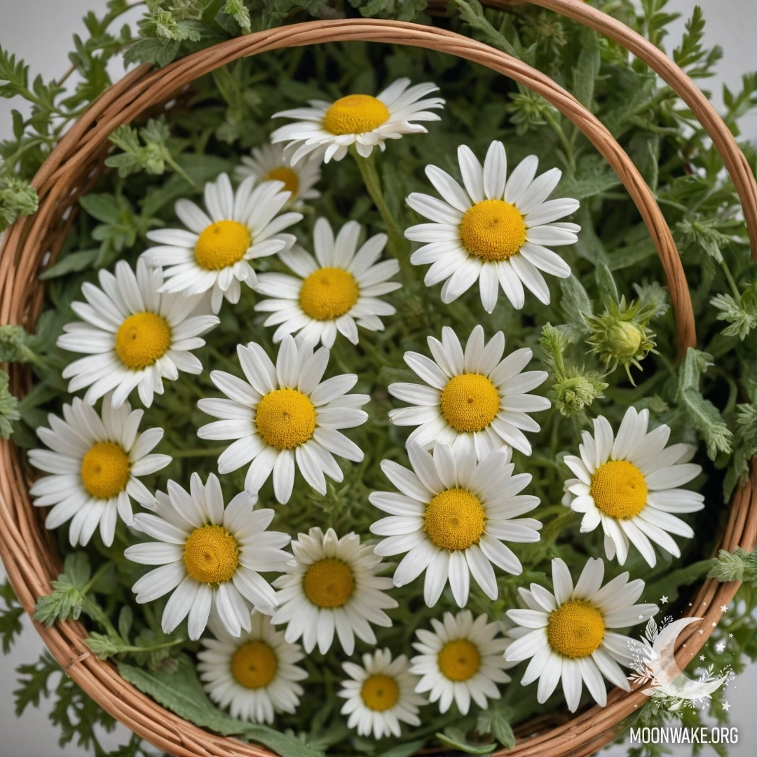 Beautiful Chamomile in a Sage Basket A basket filled with beautiful chamomile flowers in a sage color.