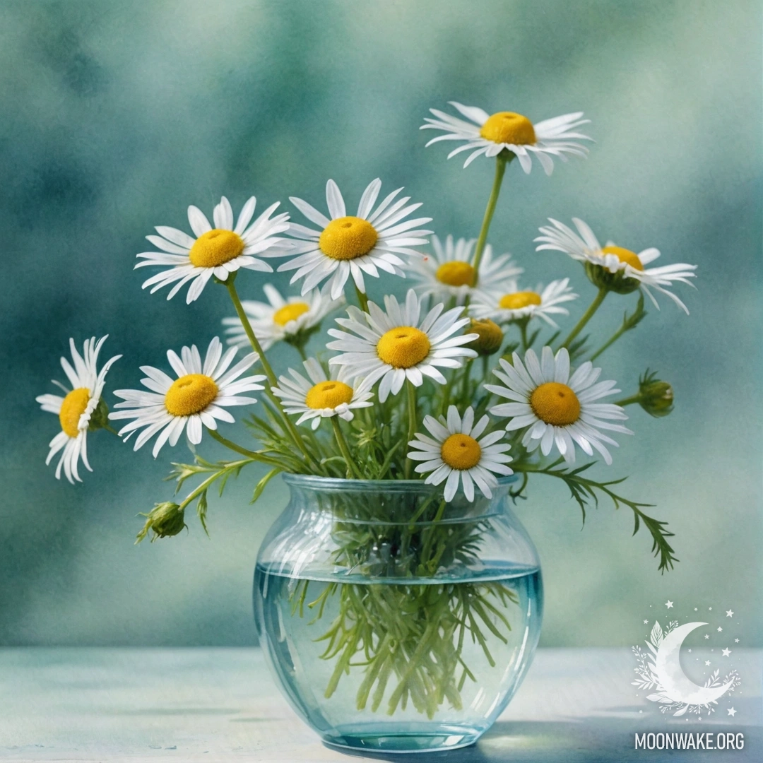 Beautiful Chamomile in Aquamarine Mist A delicate vase holds beautiful chamomiles surrounded by soft mist.