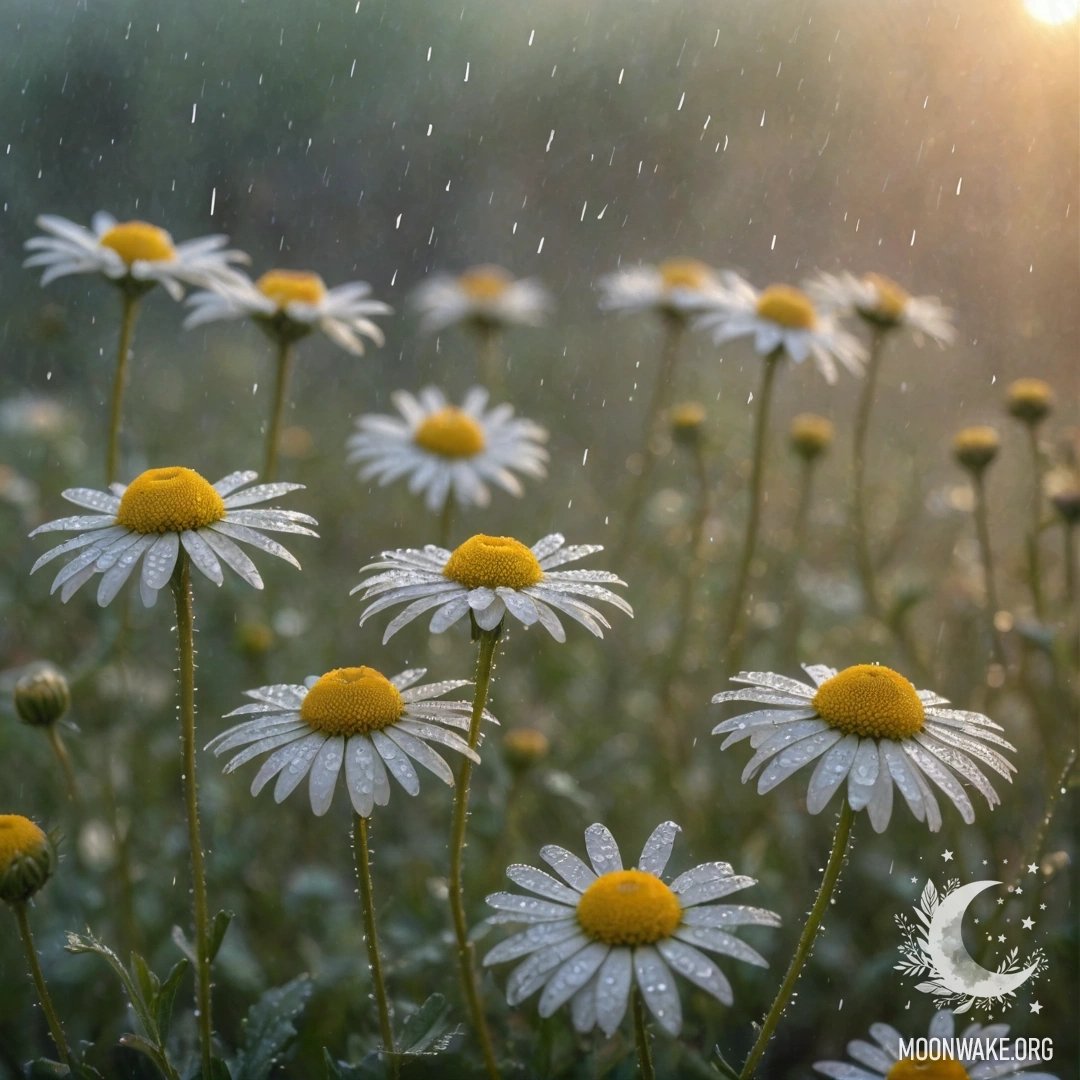 Beautiful Chamomile in the Mist at Sunset A delicate chamomile flower adorned with rhinestones, surrounded by mist and rain during sunset.