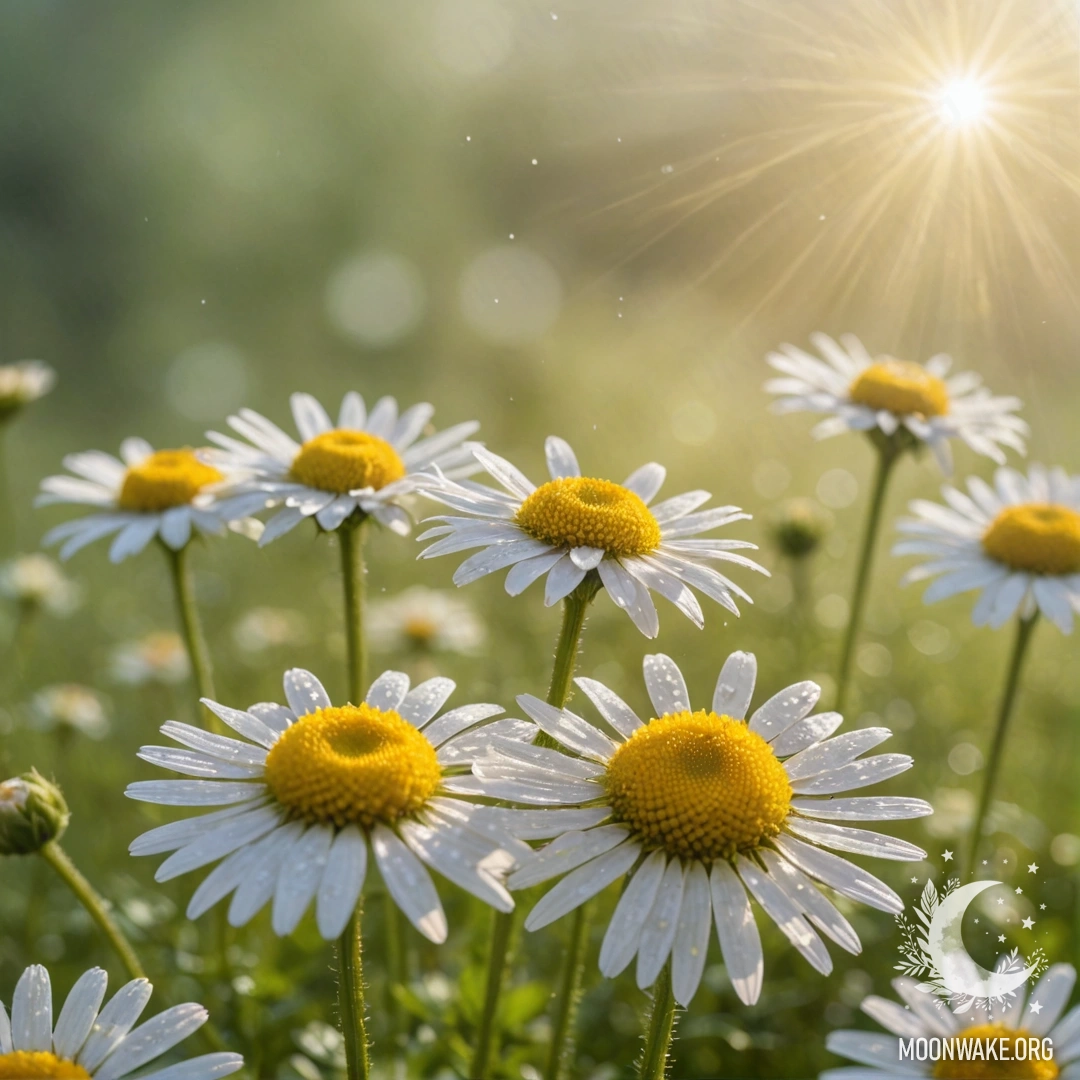 A field of beautiful chamomiles surrounded by mist and sunlight.