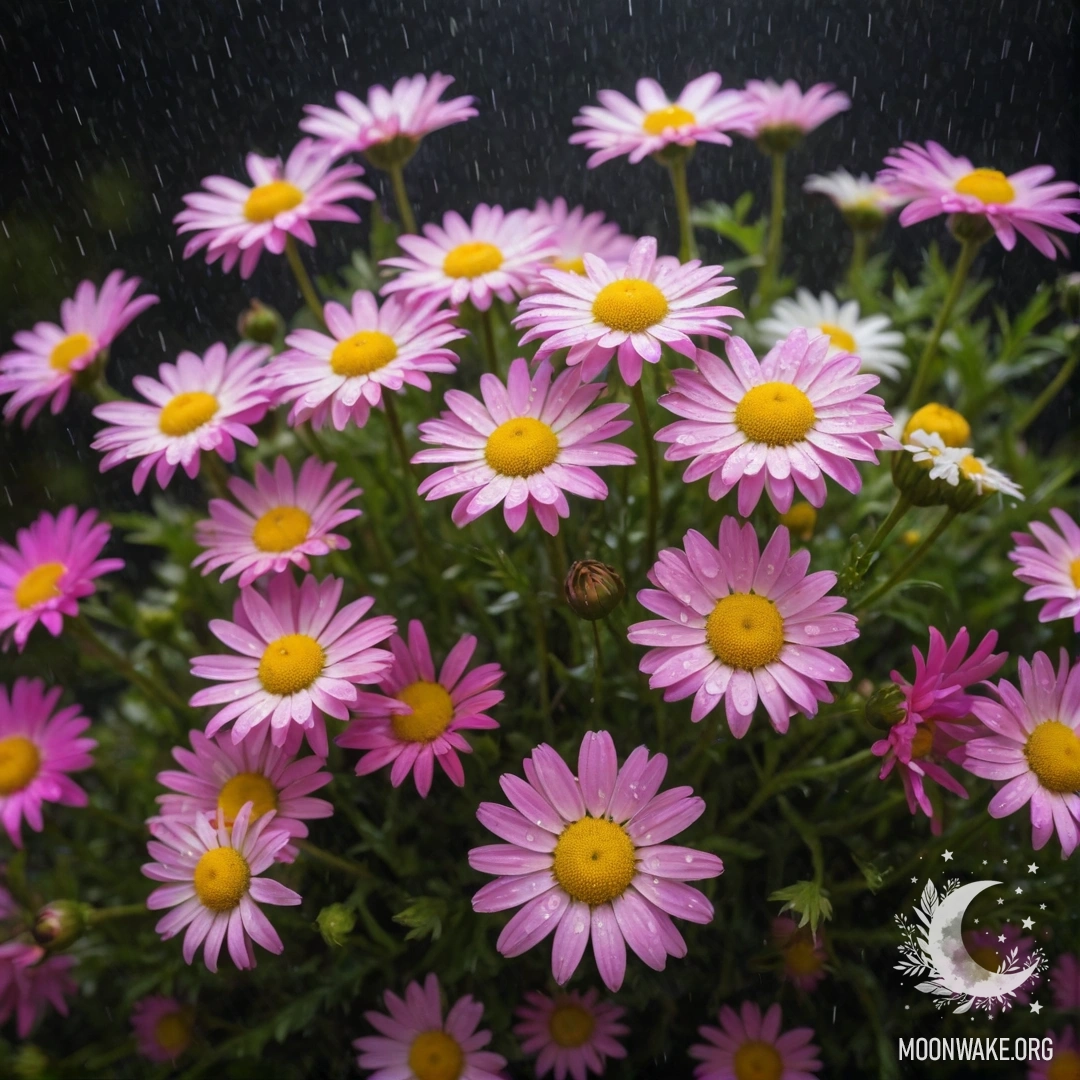 Beautiful Chamomile Under Rain at Night A bouquet of vibrant fuchsia chamomiles drenched in rain at night.