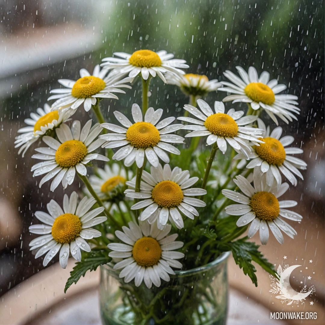 Beautiful Chamomile Under the Rain A vase filled with beautiful chamomile flowers in mint color, with rain droplets on the petals.