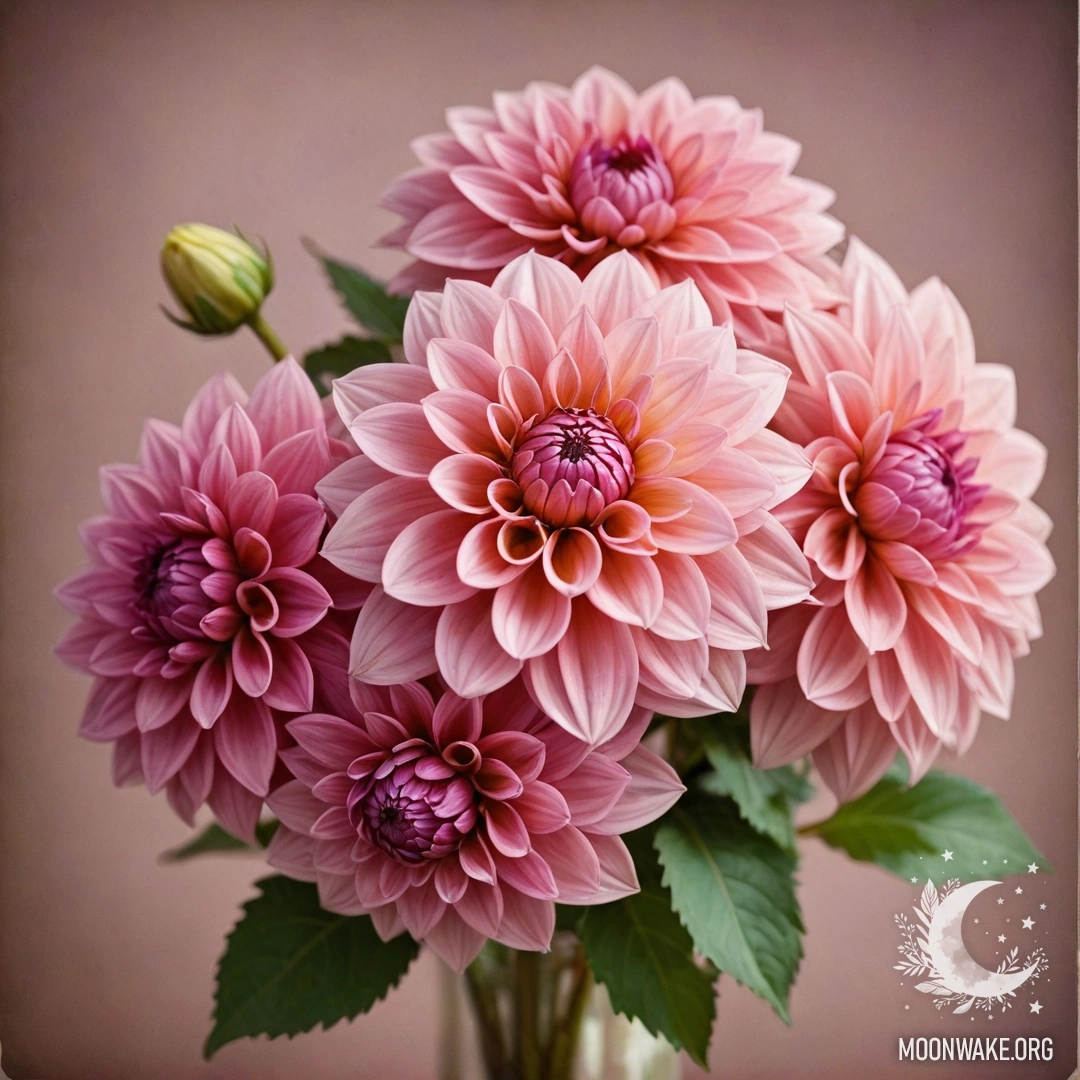 A beautiful bouquet of pink dahlias on an old postcard.