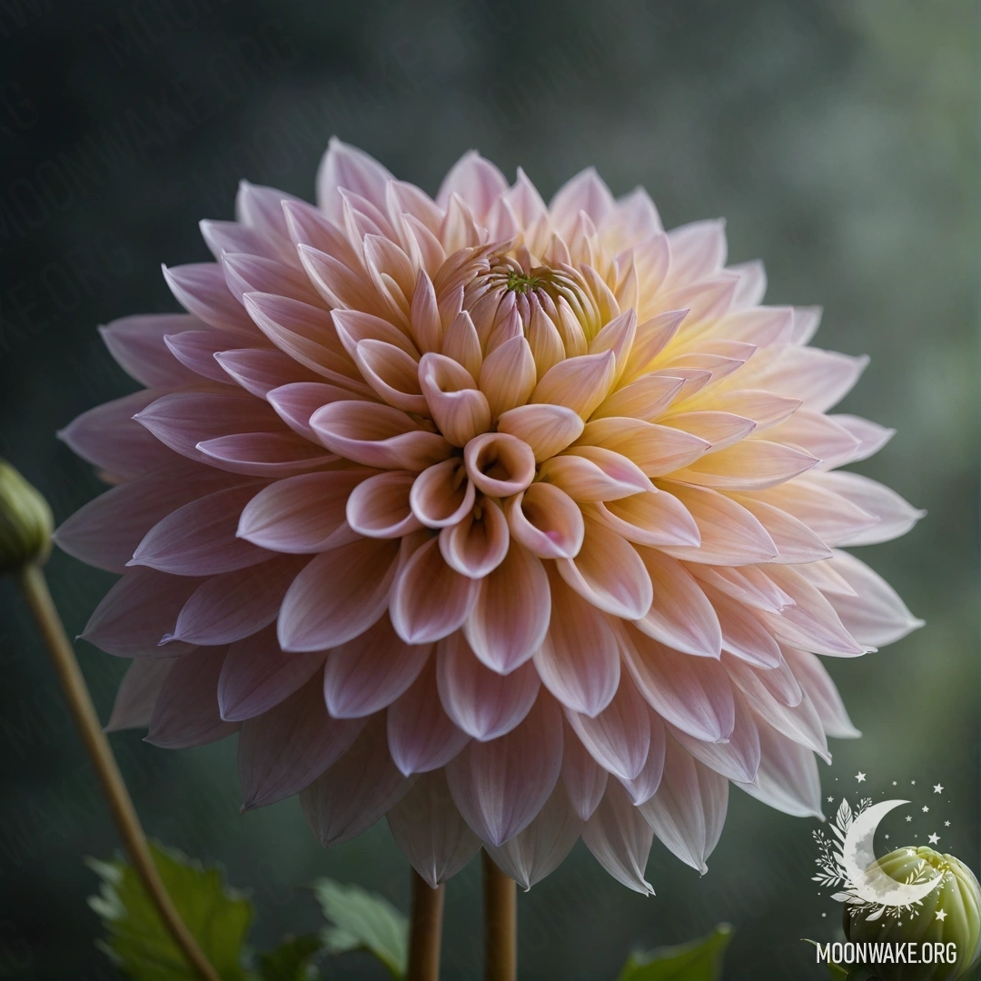 A vibrant dahlia surrounded by a soft fog at night, featuring patterns of lime colors.