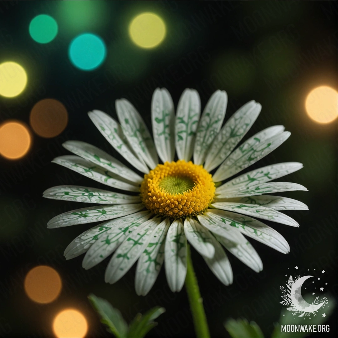 Beautiful Daisy with Night Web A beautiful daisy adorned with a delicate web against a green night background, featuring Japanese calligraphy.