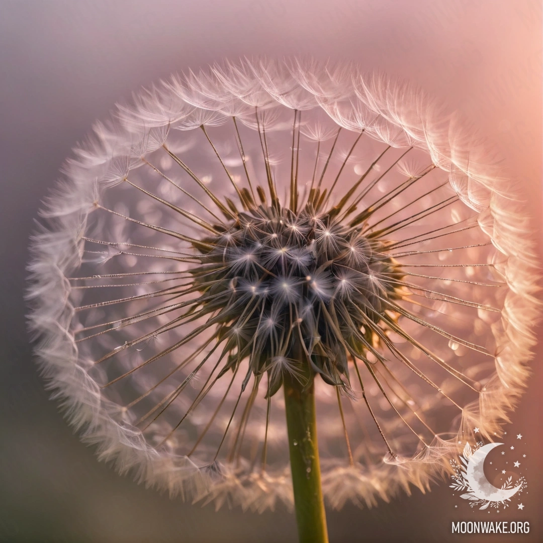 A delicate pink dandelion surrounded by fog during sunset, adorned with rhinestones.