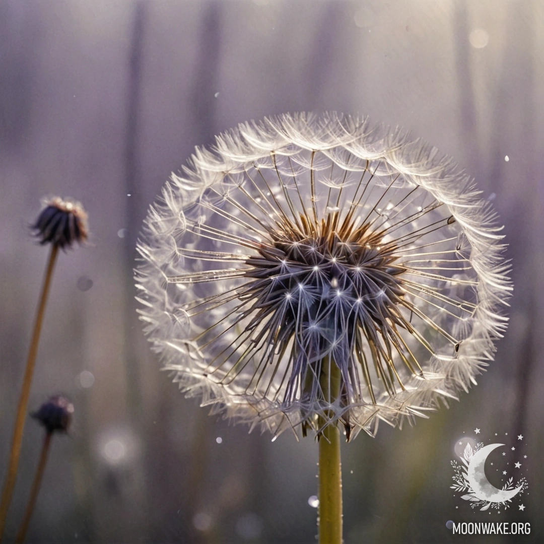 Beautiful Dandelion in Misty Radiance A delicate lavender dandelion surrounded by fog with sun rays and rhinestones.