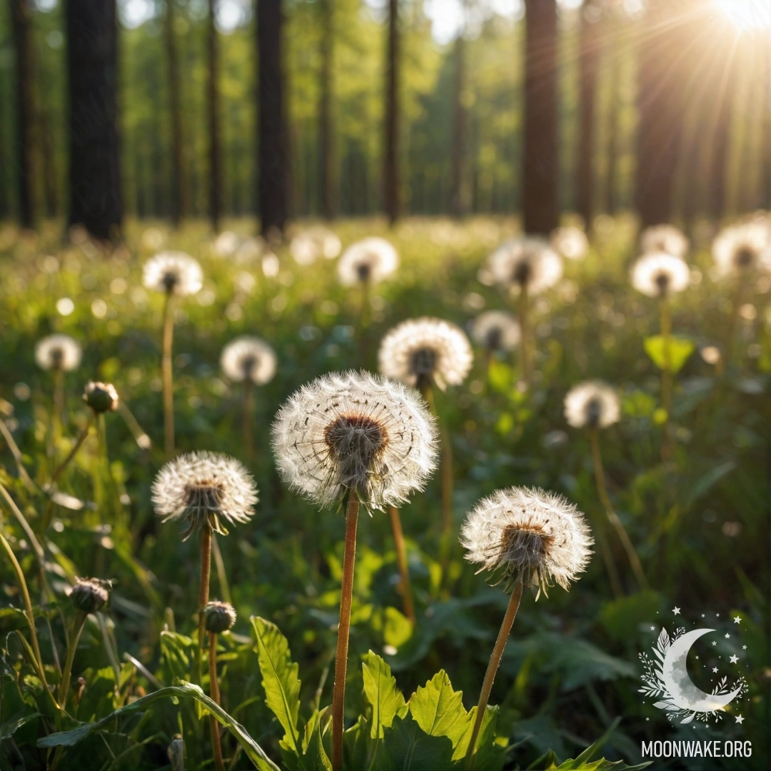 Beautiful Dandelions in a Bokeh Forest Close-up view of dandelions with a blurred forest background and sun rays.
