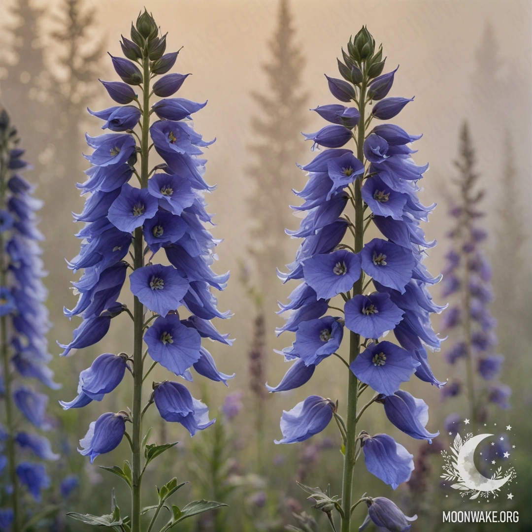 Beautiful Delphinium in Fog at Sunset A beautiful delphinium surrounded by fog at sunset with sage color tones.