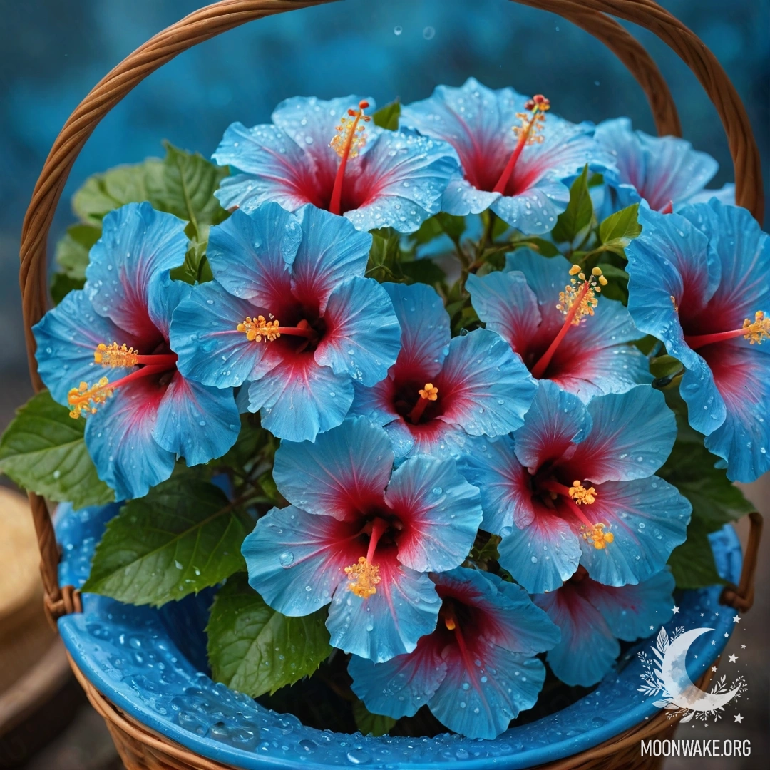 A beautiful hibiscus flower with dew drops rests in a sky blue basket.