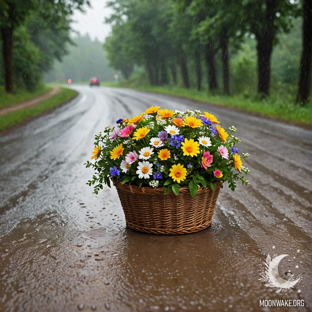 A dirt road with a basket of flowers and blurred trees in the rain.