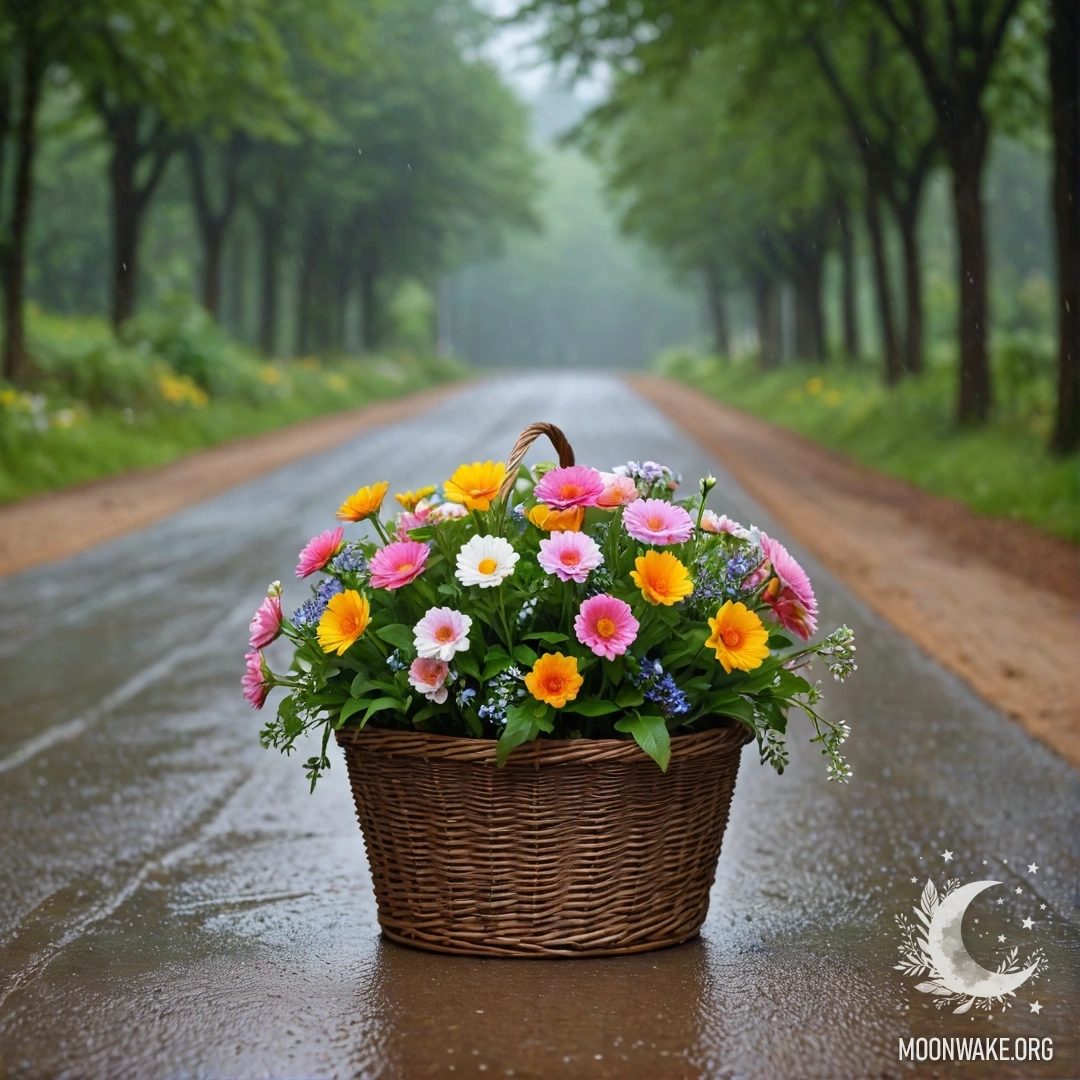 A dirt road with a basket of flowers and a blurred background of trees under the rain.