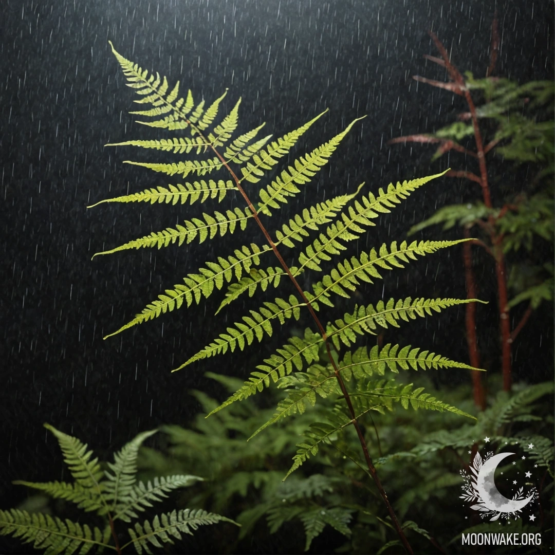 A beautiful fern surrounded by mist and rain at night, with red patterns.