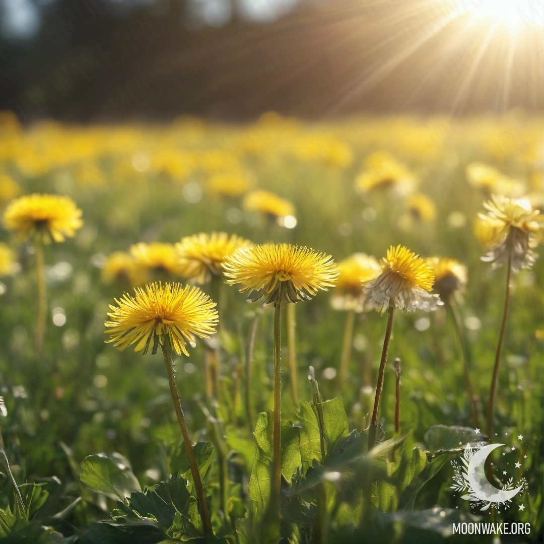 A close-up photo of dandelions against a soft-focus field of flowers with sun rays breaking through.