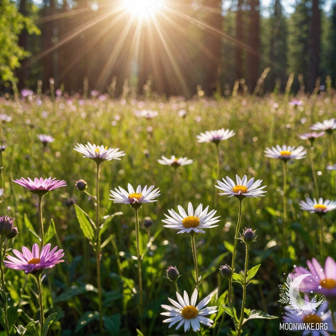 Close-up of beautiful field flowers with a blurred forest background and sun rays.