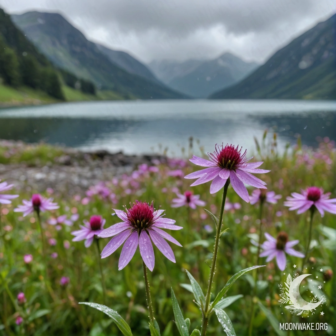 Beautiful Field Flowers with Bokeh Mountain Lake A close-up view of vibrant field flowers against a blurred mountain lake backdrop, captured in the rain.