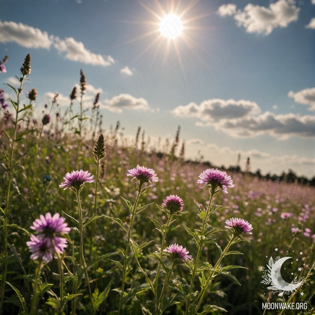 Beautiful Field Flowers Against Bokeh Sky Close-up of vibrant field flowers with a blurred sky background filled with clouds and sun rays.