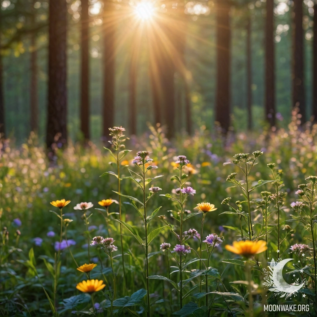 Beautiful Field Flowers with Bokeh and Sunlight Close-up of vibrant field flowers in a bokeh forest background with sunlight filtering through the trees at sunset.
