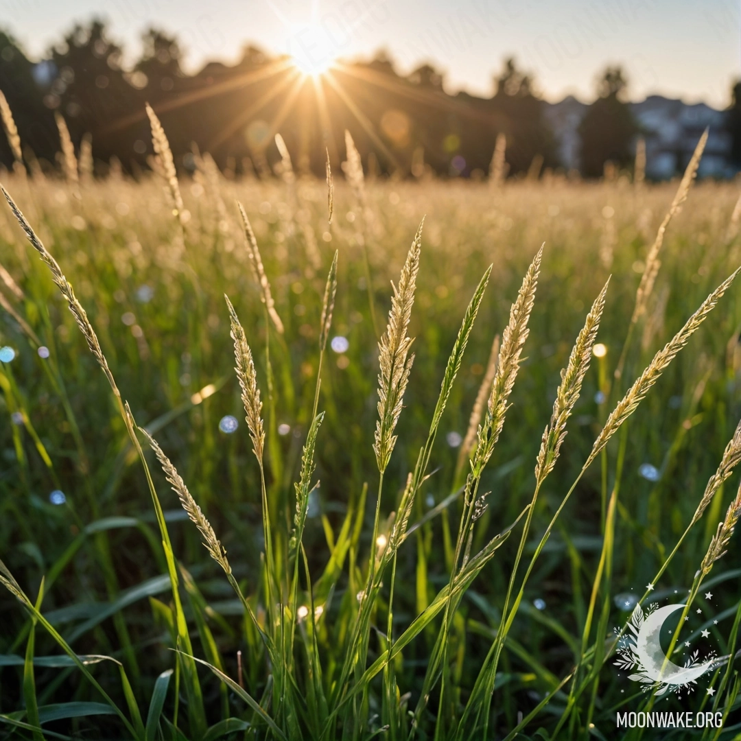 A close-up of grass against blurred field flowers with lens flares.